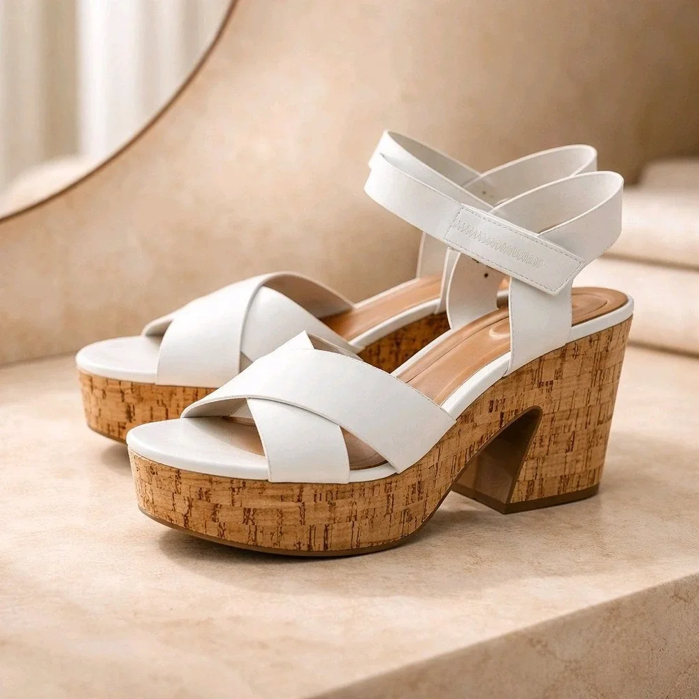 Sarto by Franco Sarto Donati White‎ Leather Cork Platform Block Heel Sandals 9M
